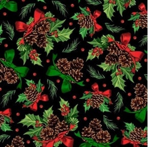 Winter Greetings from Quilting Treasures - 1/2 Yard Christmas Holly, Pine Cones, Bows on Black