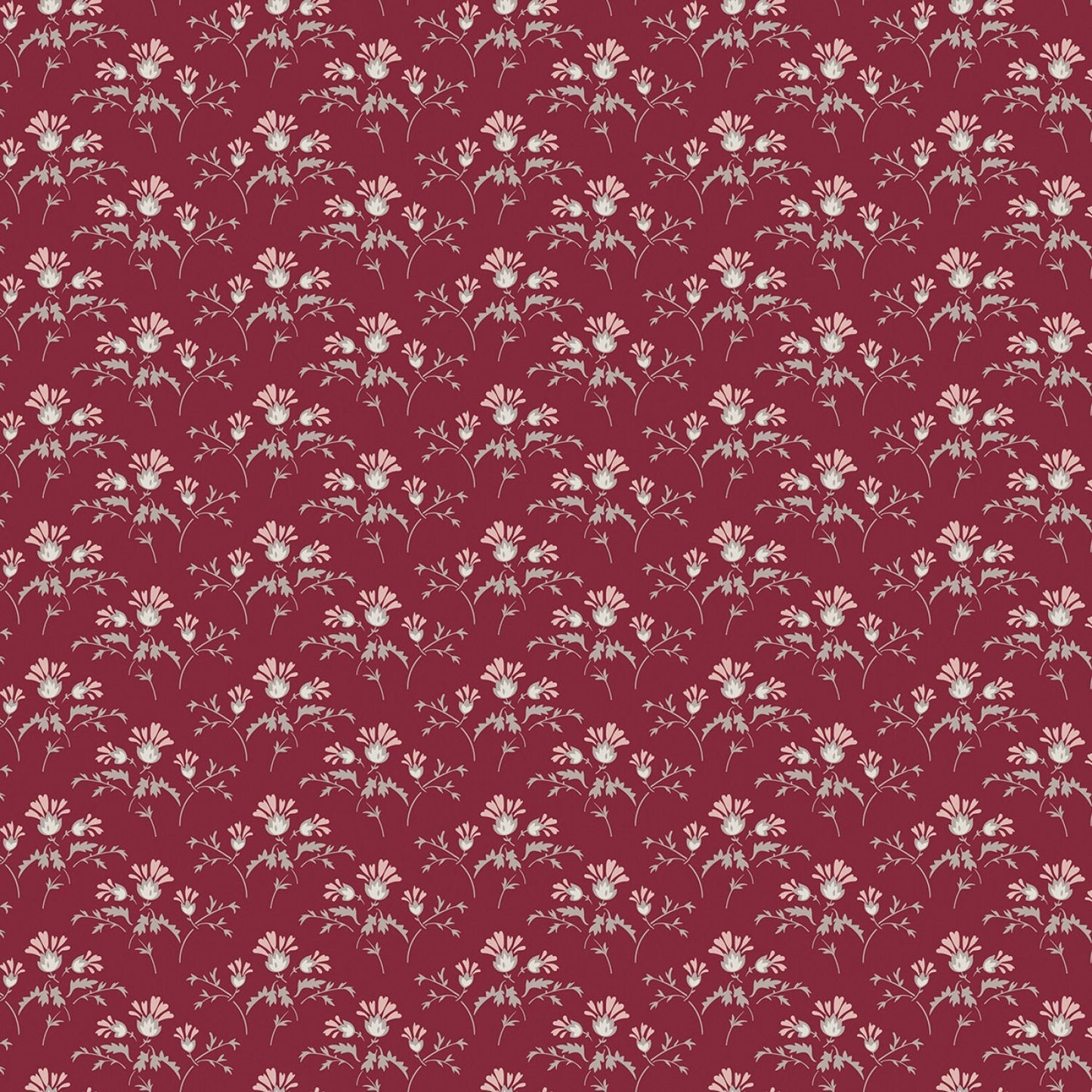 Heartfelt from Riley Blake Designs - 1/2 Yard Flower Buds Ruby - Pink Flowers, Taupe Leaves on Dark Red