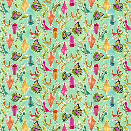 25% Off - Midsummer's Dream from Dear Stella - Half Yard Multi Bugs on Green - Butterfly, Praying Mantis, Beetles, Caterpillars