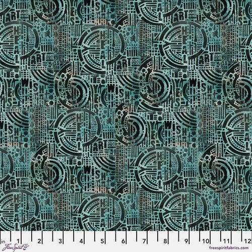Storyboard by Seth Apter for Free Spirit Fabrics - 1/2 Yard Wish - Verdigris - Modern Geometric Teal and Black - Heal, Wish, Art, Yes