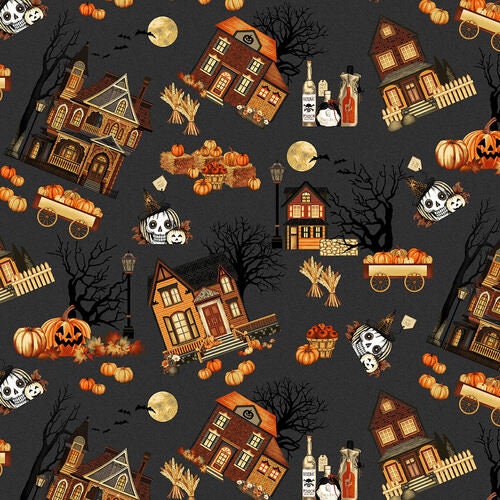 Haunted Village from Henry Glass & Co - 1/2 Yard Village Toss - Halloween Haunted Houses, Pumpkins, Full Moon on Black