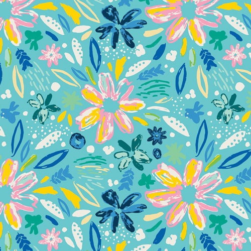 Hello Sunshine from Art Gallery Fabrics - Half Yard Summer Daze Pink Yellow Navy Floral on Light Blue