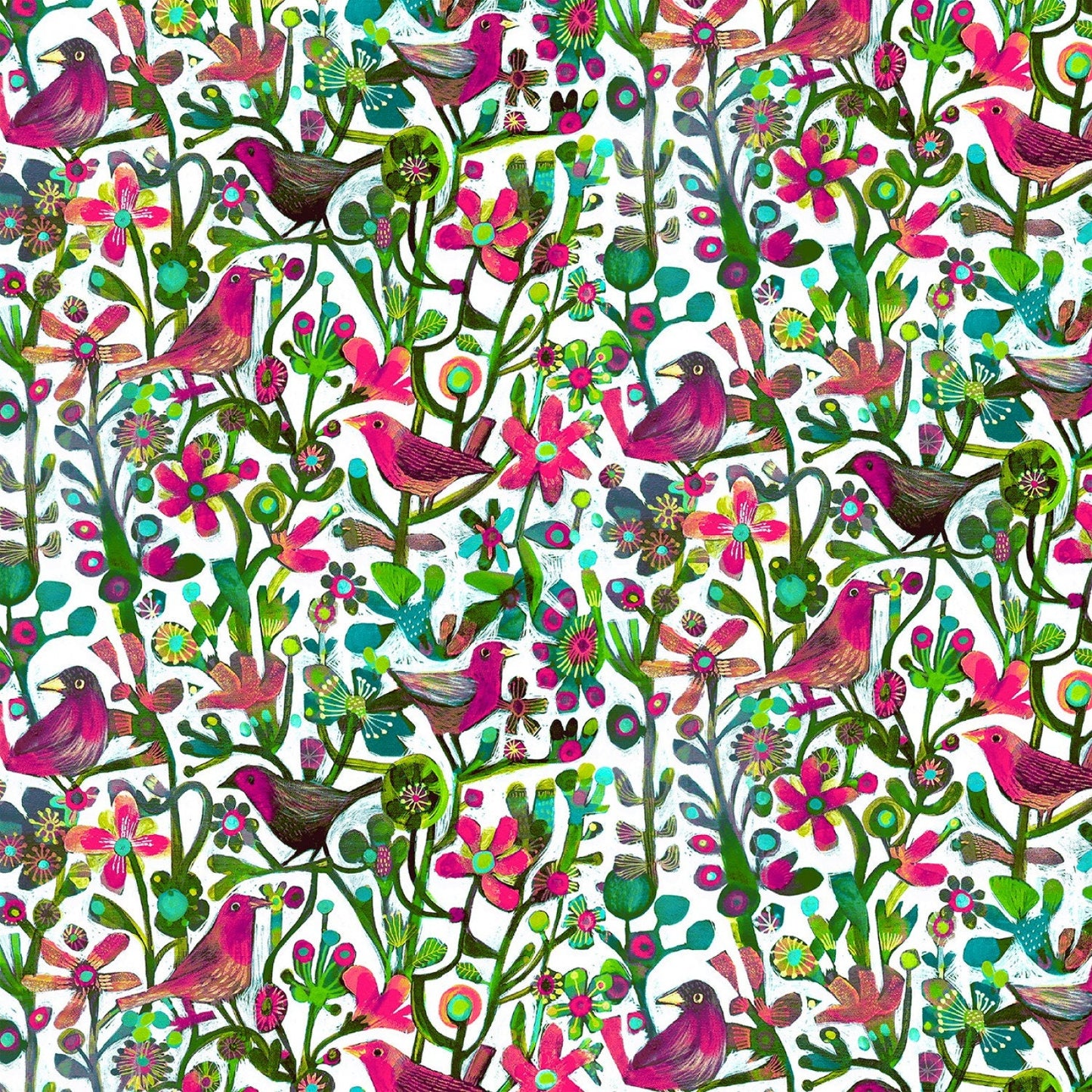 Alfie from Windham Fabrics - 1/2 Yard Fuchsia Jolly Robins Digital - Birds and Flowers