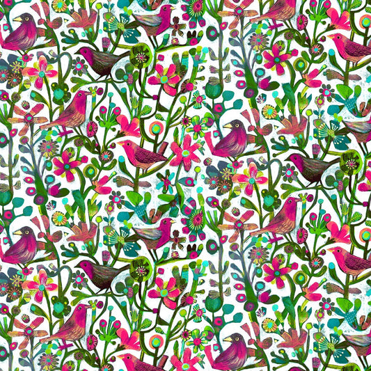 Alfie from Windham Fabrics - 1/2 Yard Fuchsia Jolly Robins Digital - Birds and Flowers