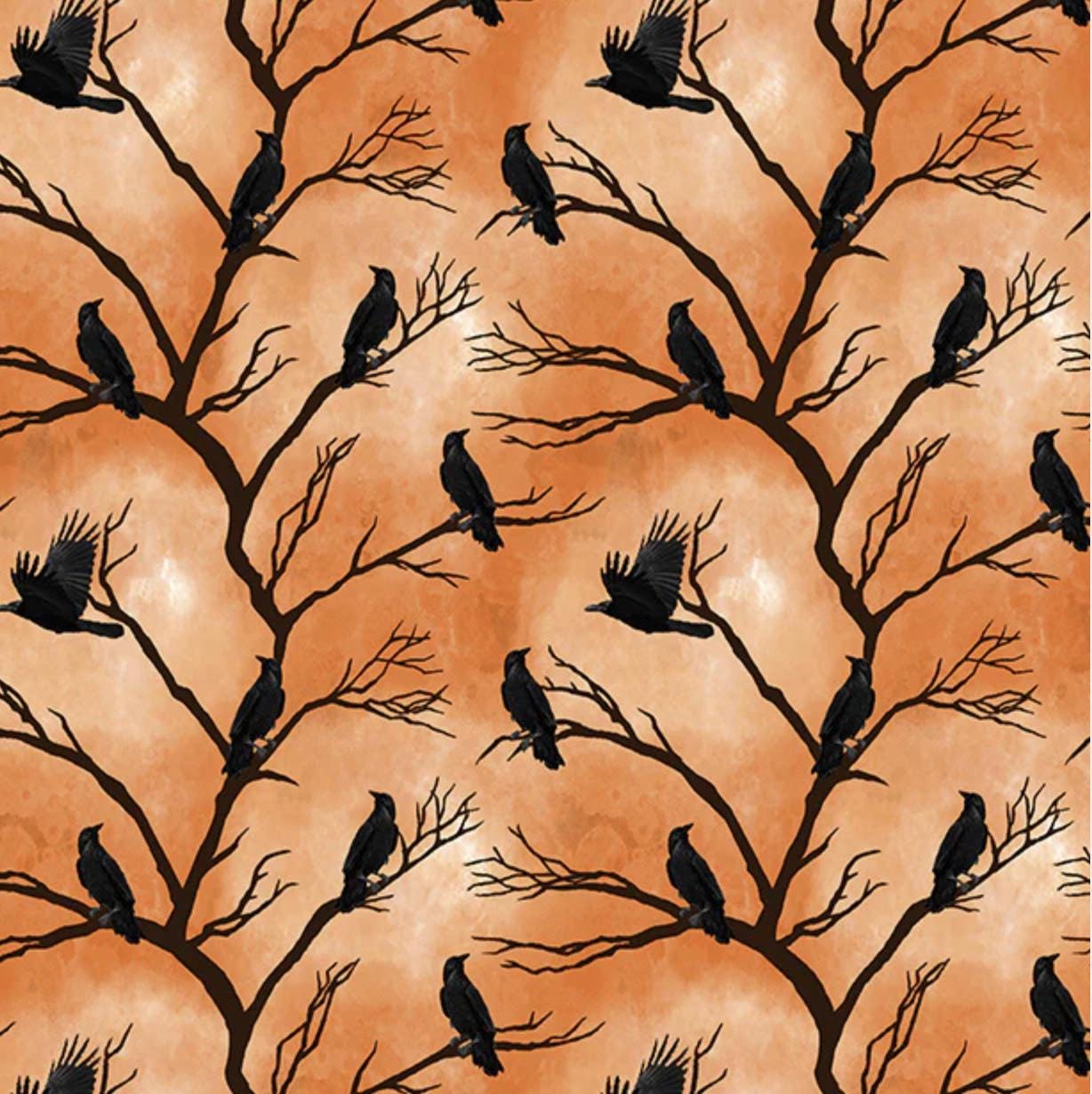 Full Moon from Windham Fabrics - 1/2 Yard Ravens in Trees on Orange - Halloween, Crows