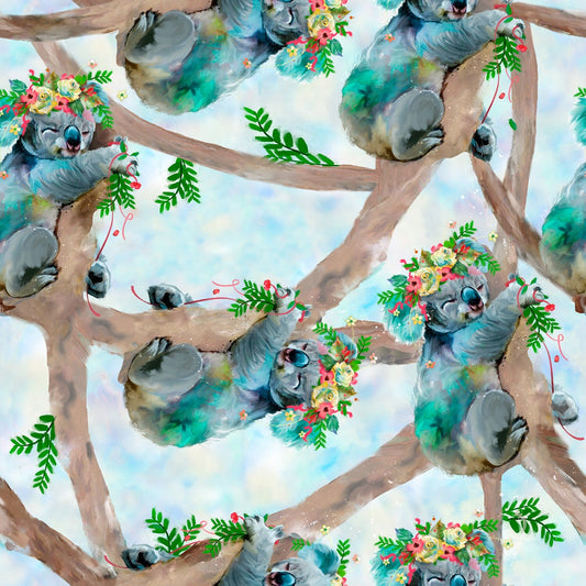 Party Animals by Connie Haley for 3 Wishes Fabrics - 1/2 Yard Turquoise Koala Bears - Digitally Printed