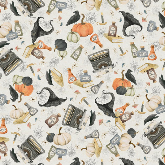 Hocus Pocus from P&B Textiles - 1/2 Yard Tossed Halloween motifs - Boo, Raven, Pumpkins, potion bottles, webs, spiders