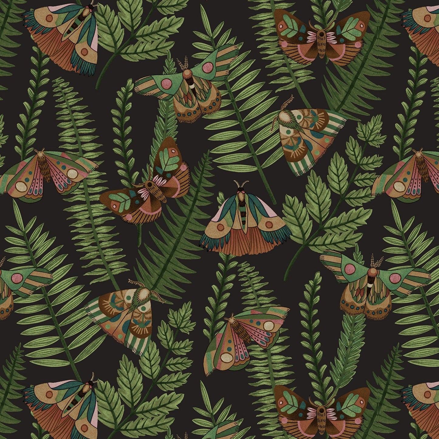 Dark Forest from Studio E - 1/2 Yard Chocolate Moths and Ferns