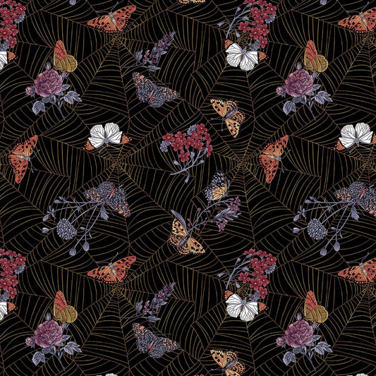 Bones collection from Studio E - 1/2 Yard Black Cobwebs and Moths