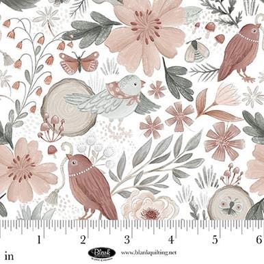 Birds and Flowers from Petals and Pewter for Blank Quilting - 1/2 Yard - Tossed Nature on White