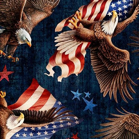American Eagle and Flag from 1776 for QT Fabrics - 1/2 Yard - Eagles Flags on Navy