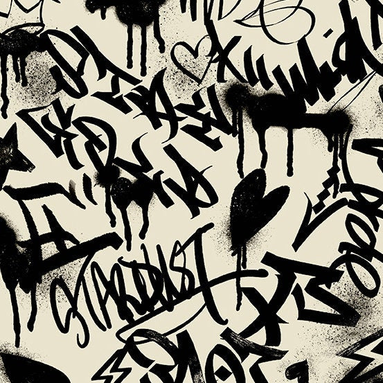 Verdigris from Andover Fabrics - 1/2 Yard Parkdale in Newsprint - Modern Graffiti Black on Cream