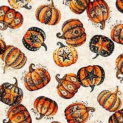 Jeepers Creepers from Quilting Treasures - 1/2 Yard Orange and Black Pumpkins on Cream - Halloween Ornate Pumpkins