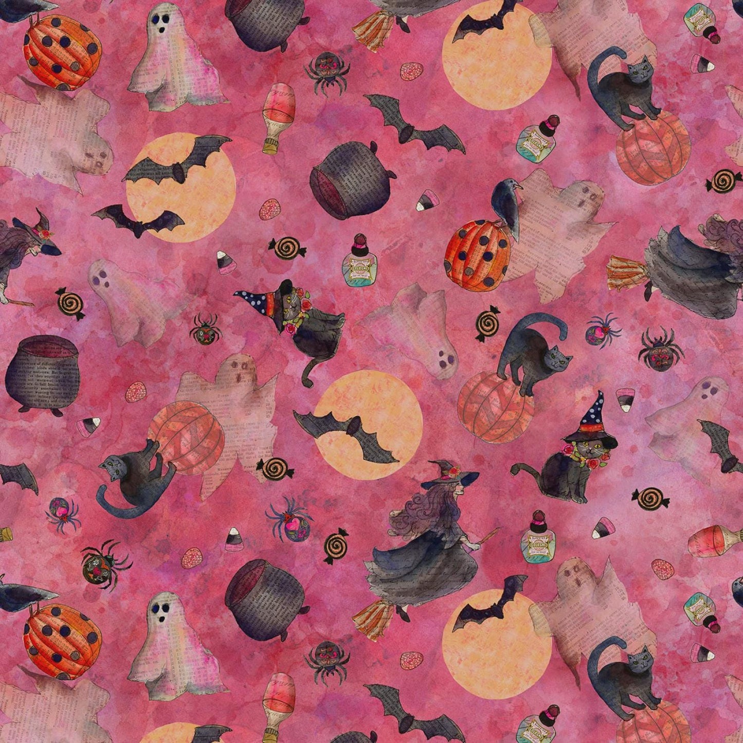 Faboolous from Clothworks - 1/2 Yard Halloween Motifs on Raspberry - Witches, Ghosts, Pumpkins, Black Cats, Bats
