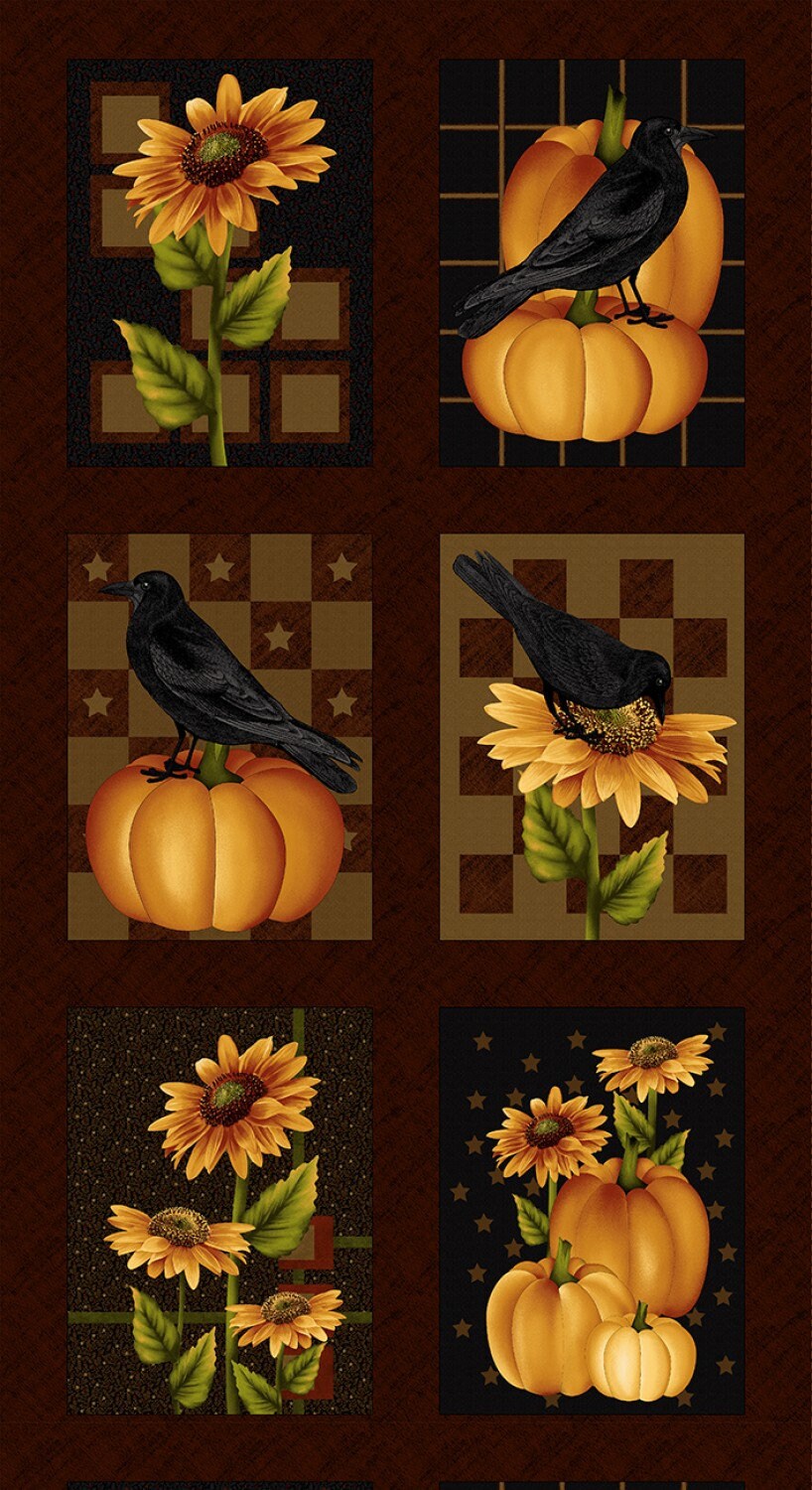 Cavalier Crows from Henry Glass & Co - 24" x 44" Fall Panel - Crows, Pumpkins, Sunflowers