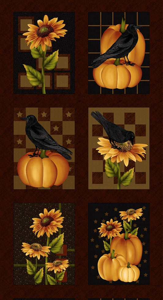 Cavalier Crows from Henry Glass & Co - 24" x 44" Fall Panel - Crows, Pumpkins, Sunflowers