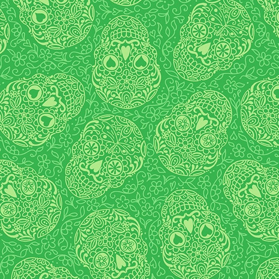 Sugar Skulls from Andover Fabrics - 1/2 Yard Candy Apple - Lime Green Skulls