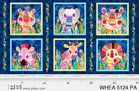 Wild at Heart from P&B Textiles - 24" x 44" Panel Bright Animals - Lions Elephants Zebras