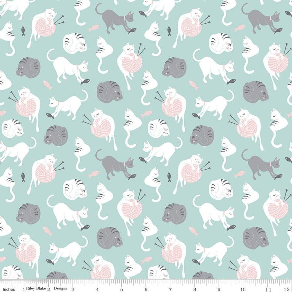 Purrfect Day from Riley Blake Designs - Half Yard Cats and Yarn on Aqua