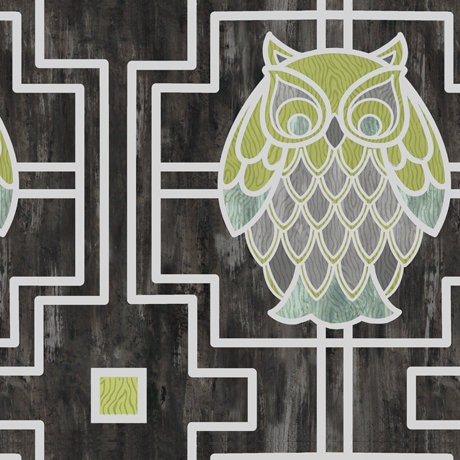 25% Off - Nocturne from Quilting Treasures - 1/2 Yard Modern Art Deco Style Owls on Charcoal