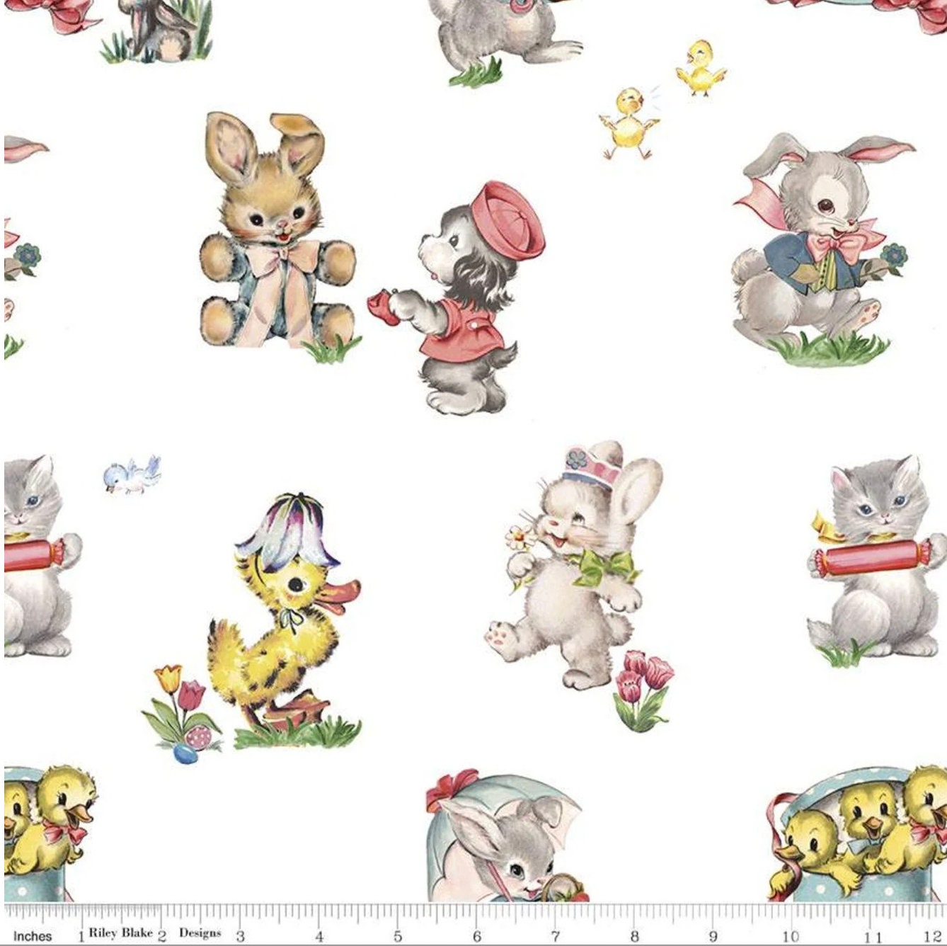 Easter Parade from Riley Blake Fabrics - 1/2 Yard Easter Main on White - Easter Bunnies, Puppies, Chicks