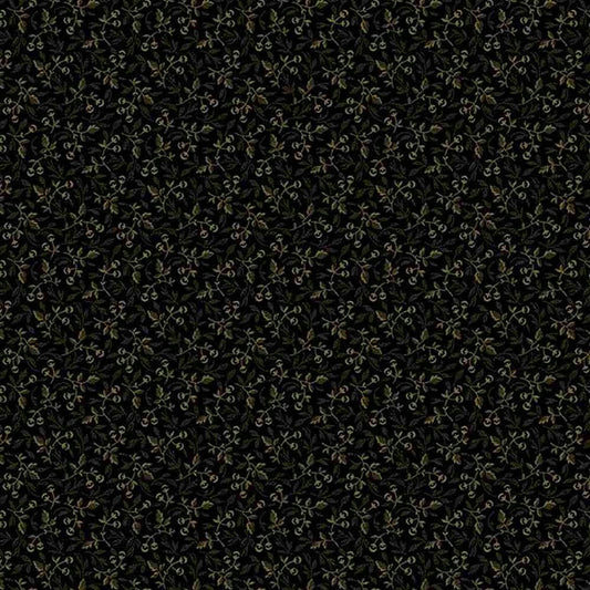 Sale - Berries from Midnight Lace for Marcus Fabrics - Half Yard - Green Leaves and Berries on Black