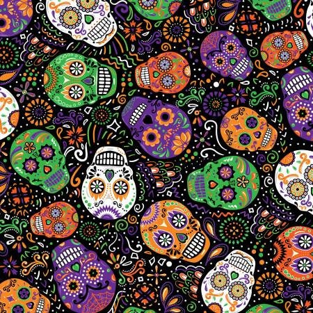 All Eyes on You from Timeless Treasures - 1/2 Yard Mardi Gras Sugar Skulls on Black