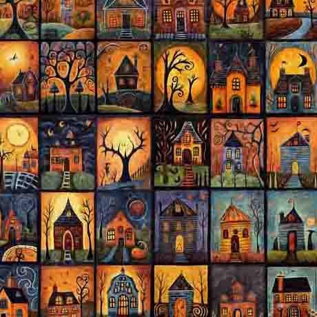 Mini Haunted Blocks from Creepin' It Real by Dan Morris for QT Fabrics - 1/2 Yard Mini Haunted Houses and Scenes