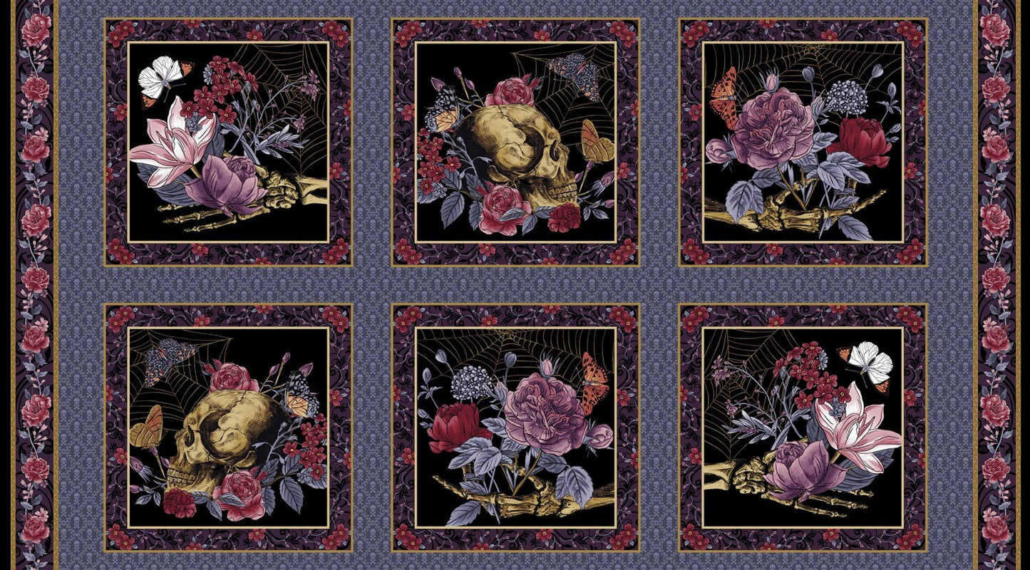 Bones Collection from Studio E - 24" x 44" Panel Flowers, Skulls, Webs