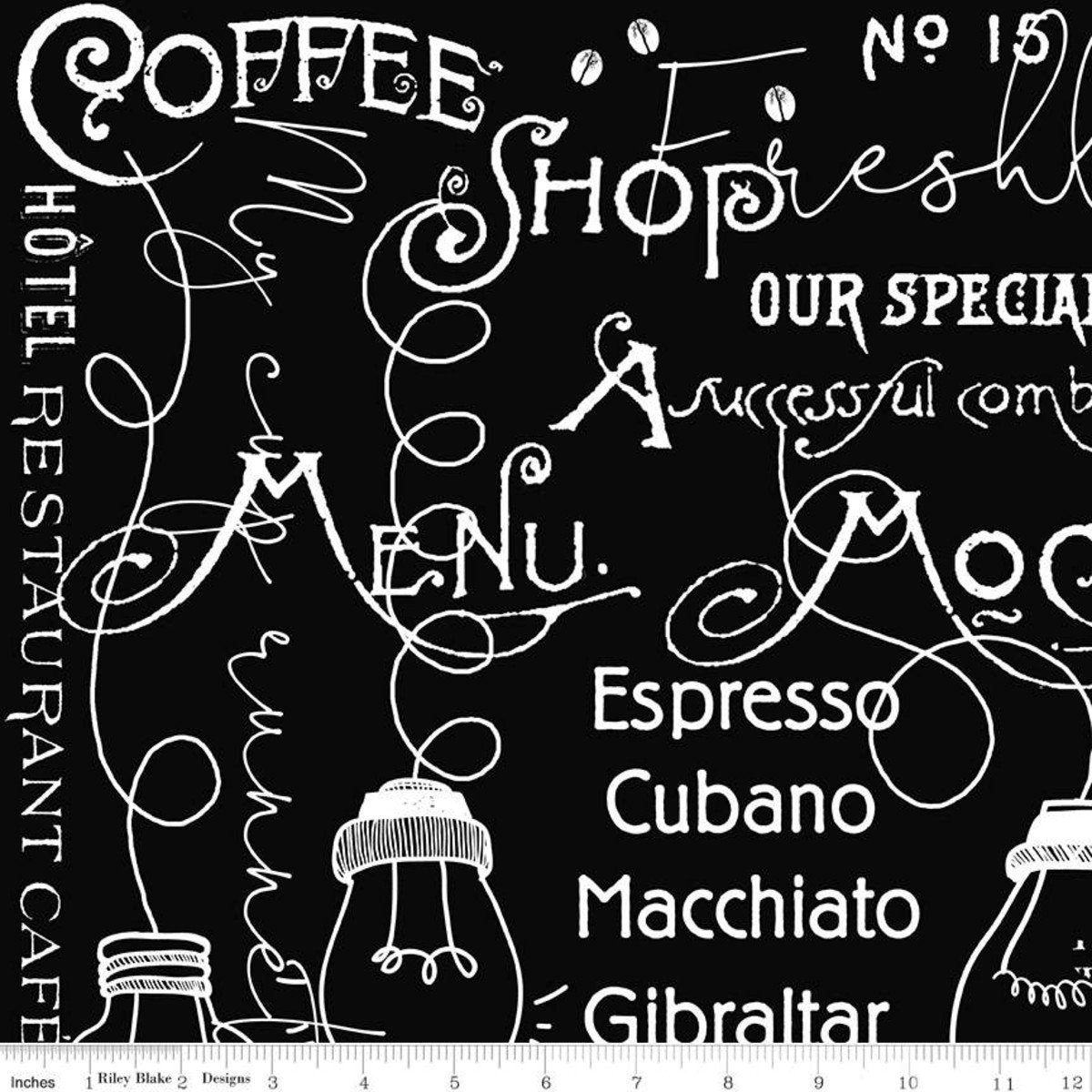 Coffee Chalk From Riley Blake Designs - 1/2 Yard of White Coffee Words and Motifs on Black