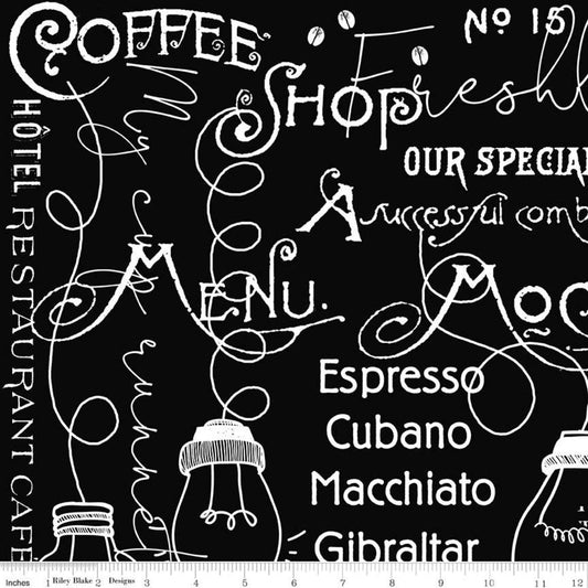 Coffee Chalk From Riley Blake Designs - 1/2 Yard of White Coffee Words and Motifs on Black