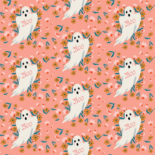 Boo from Dear Stella - 1/2 Yard Papaya Boo - Ghosts on Peach and Flowers - Halloween