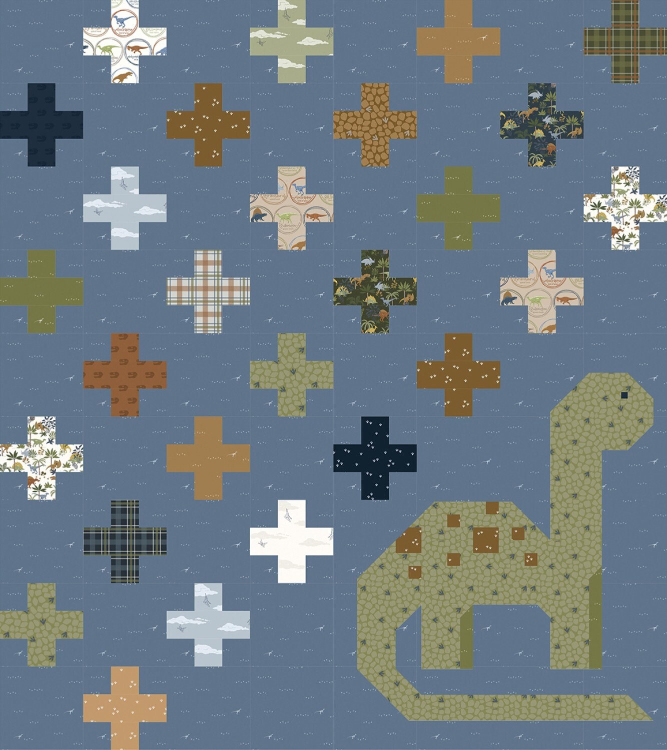 Swiss Cretaceous Quilt Pattern by Amanda Niederhauser Designs - Finished Quilt 48" x 54" - Layer Cake Friendly Dinosaur Quilt Pattern