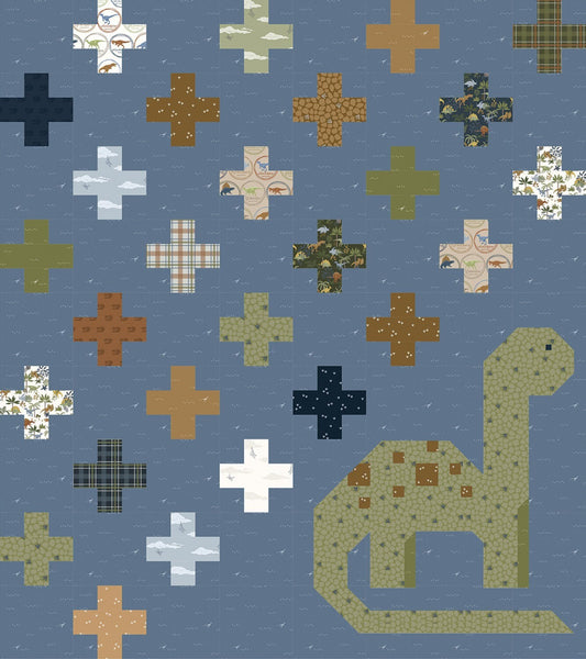 Swiss Cretaceous Quilt Pattern by Amanda Niederhauser Designs - Finished Quilt 48" x 54" - Layer Cake Friendly Dinosaur Quilt Pattern