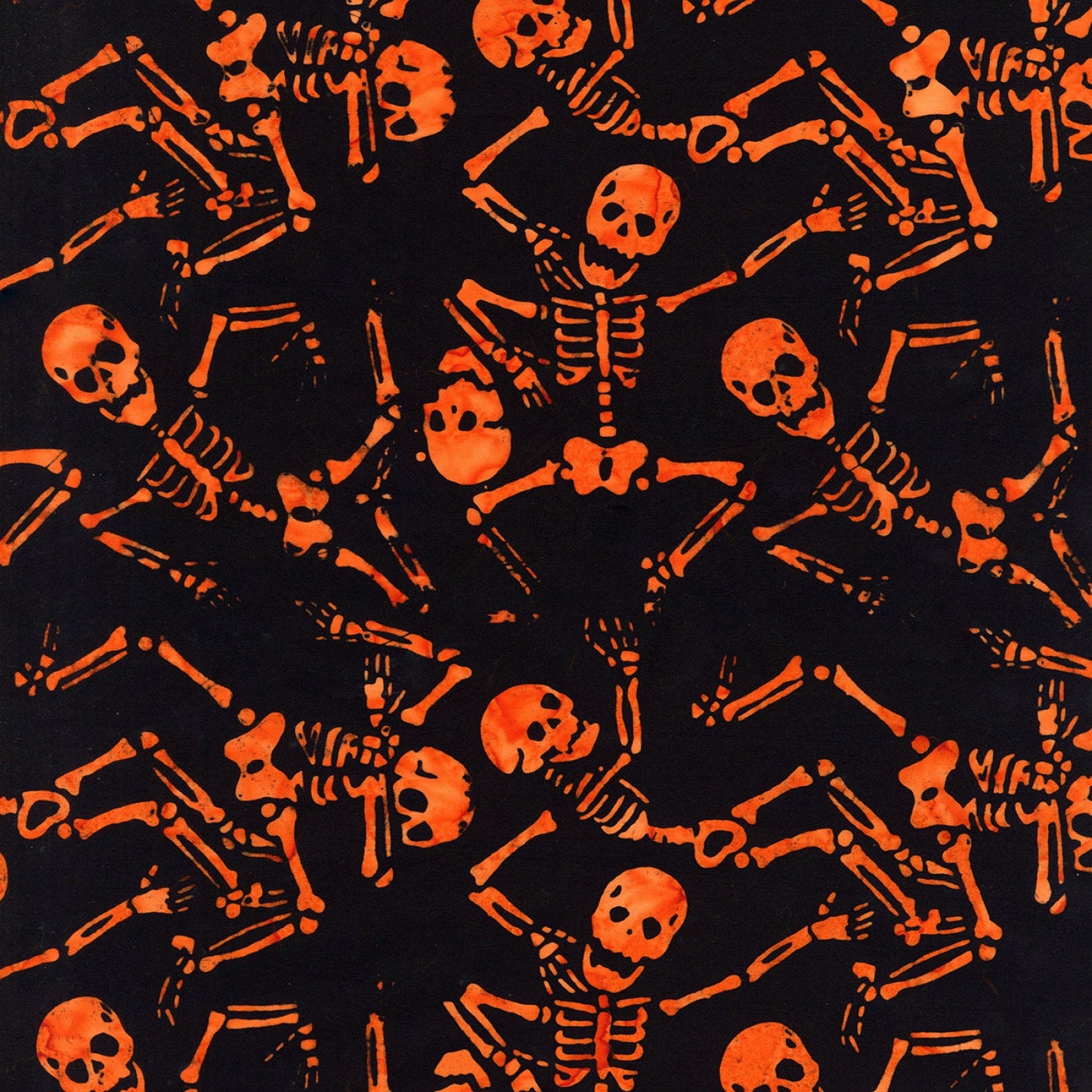 Spellbound Batik from Timeless Treasures - 1/2 Yard Treat Dancing Skeletons - Halloween Orange Skeletons on Black