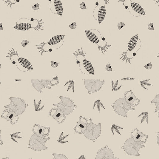 Joey Jelly Bean from Devonstone Fabrics - 1/2 Yard Half Koala/Half Parrots - Australian Animals Black and Cream