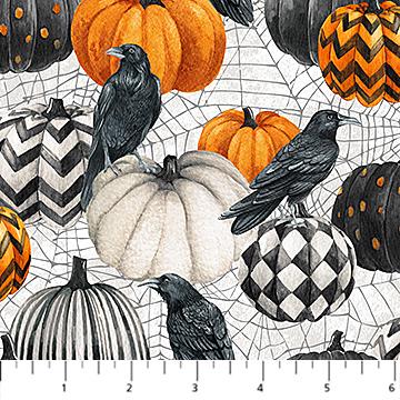Spellbound from Northcott Fabrics - 1/2 Yard Pumpkins and Ravens on White Spider Web Background