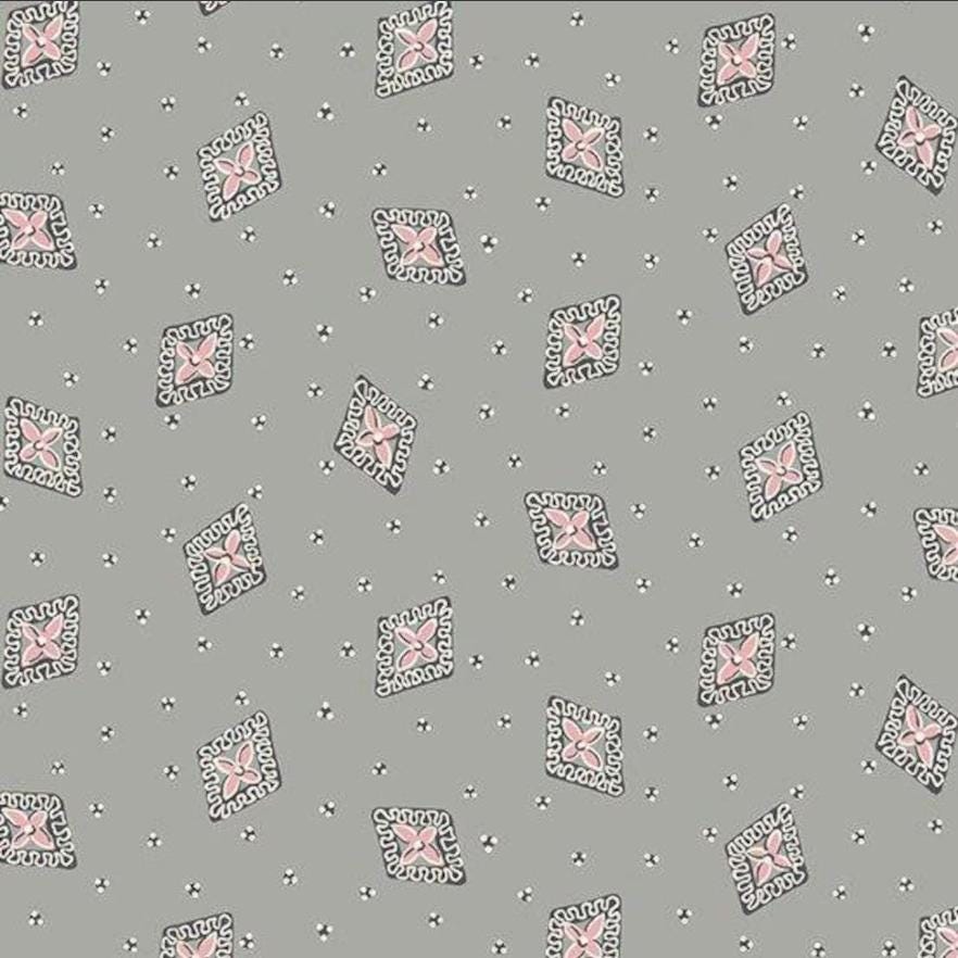 Envelope Grey from Tangent by Andover Fabrics - 1/2 Yard - Pink Floral in Black Diamonds