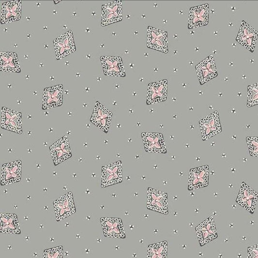 Envelope Grey from Tangent by Andover Fabrics - 1/2 Yard - Pink Floral in Black Diamonds