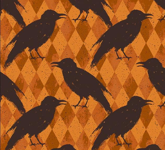 Nevermore from Andover - 1/2 Yard Crow Harlequin - Crows, Checkered Diamonds, Orange