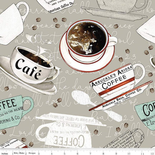 Coffee Chalk From Riley Blake Designs - 1/2 Yard of Tossed Coffee Cups on Light Gray