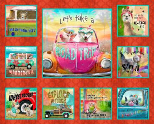 Road Trippin' from 3 Wishes - 36" x 44" Panel - Driving Animals - Connie Haley