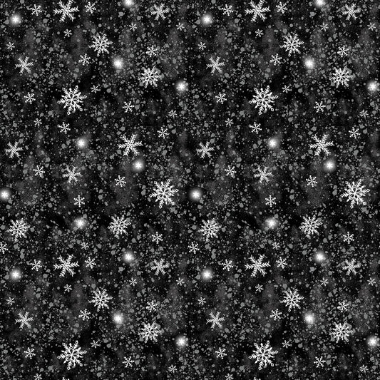 Snow Day From Windham Fabrics - 1/2 Yard Tossed Snowflakes on Faded Black