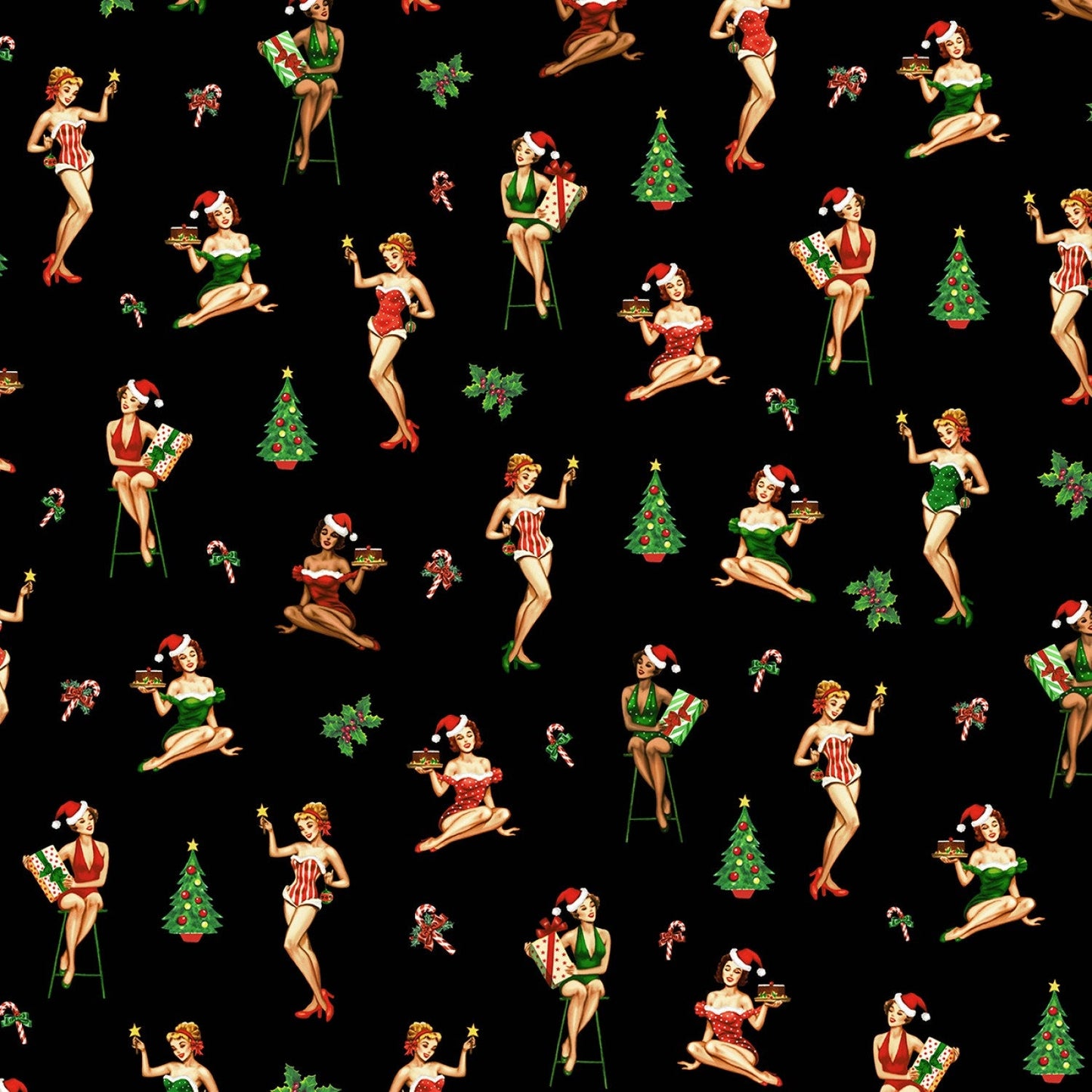 Under the Mistletoe from Michael Miller Fabrics - 1/2 Yard Black Christmas Darlings - Pin Up Girls
