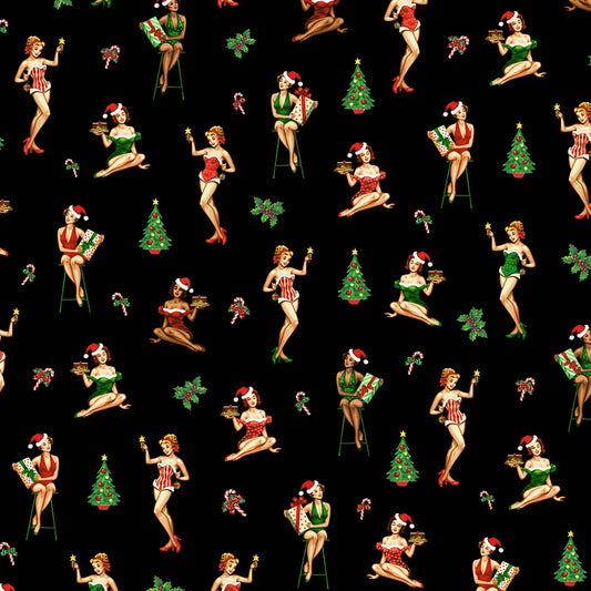 Under the Mistletoe from Michael Miller Fabrics - 1/2 Yard Black Christmas Darlings - Pin Up Girls