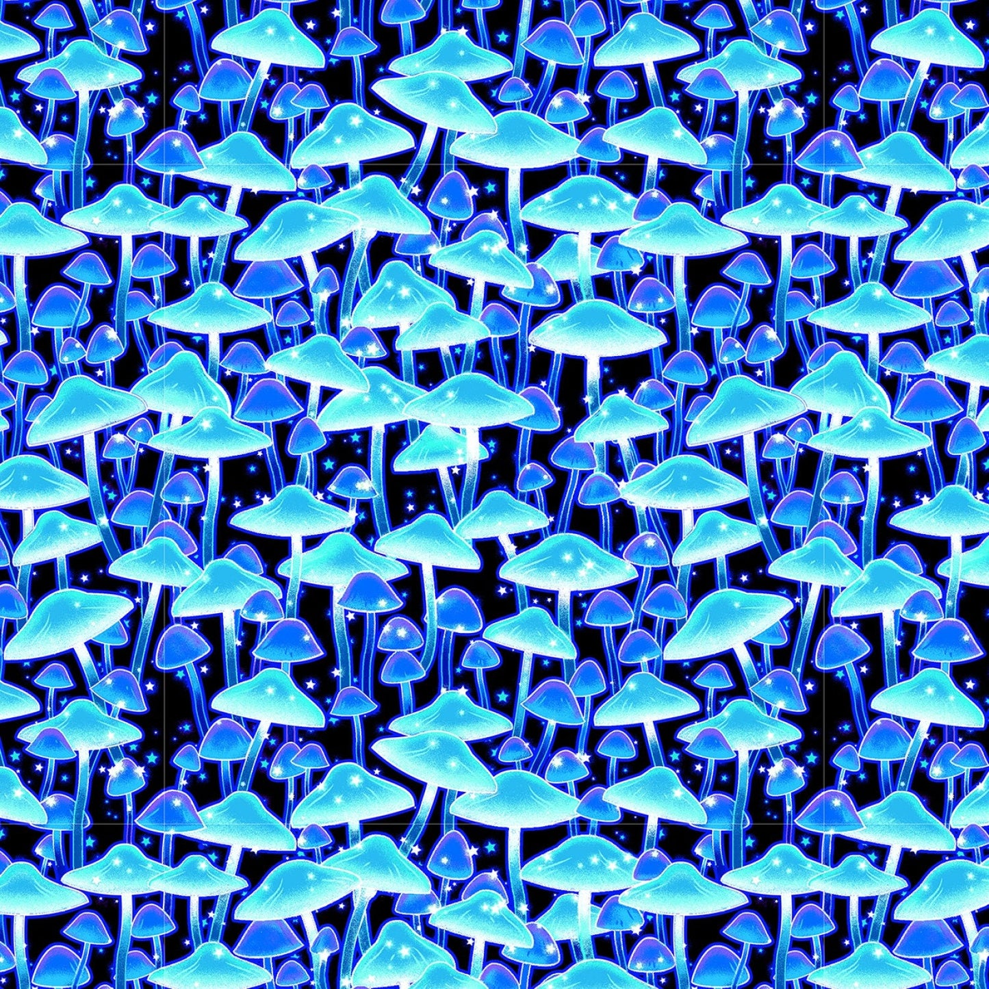 Magic Moon Garden from Henry Glass Fabrics - 1/2 Yard Blue on Black Glow in the Dark Mushrooms