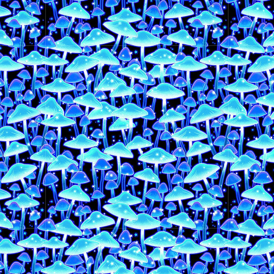 Magic Moon Garden from Henry Glass Fabrics - 1/2 Yard Blue on Black Glow in the Dark Mushrooms