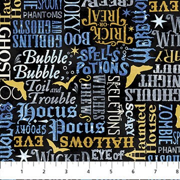 Hocus Pocus from Northcott - 1/2 Yard Halloween Words in Blue and Gold on Black