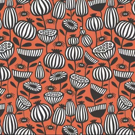 Spiders Garden from Gothic Whimsy for Cloud9 Fabrics - 1/2 Yard Spiders and Flowers on Orange