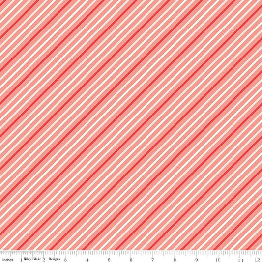 I Love Us Stripes Coral from Riley Blake Fabrics - 1/2 Yard Diagonal Pink, Red, White Stripe - Valentines